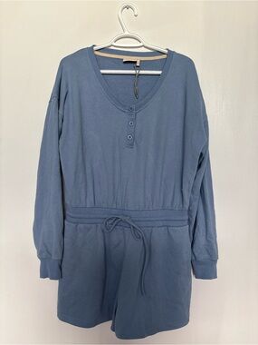 Adult Woman Everyday Sunday Long Sleeve Blue Henley Romper Pajamas